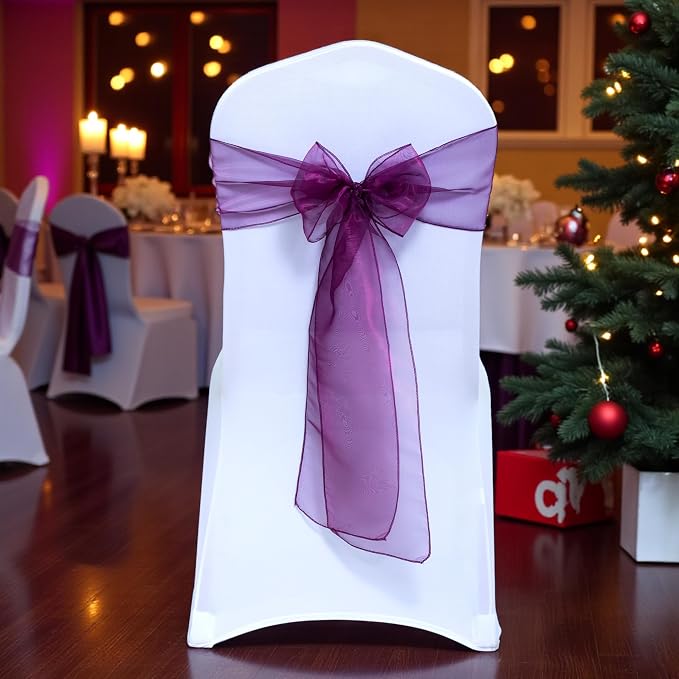 MDS® Pack of 150 Organza Chair Sashes for Wedding Decoration, Reusable Sheer Chair Bows for Banquet Chair Cover, Reception, Bridal Shower, Baby Shower, Birthday Party & Special Events - Eggplant