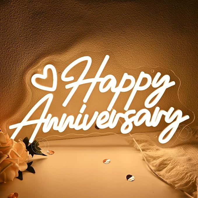 SYLHOME Happy Anniversary Led Neon Light Sign Family Business Celebrate Banner Wall Sign Decor Birthday Wedding Anniversary Valentine's Day Backdrop USB Warm White