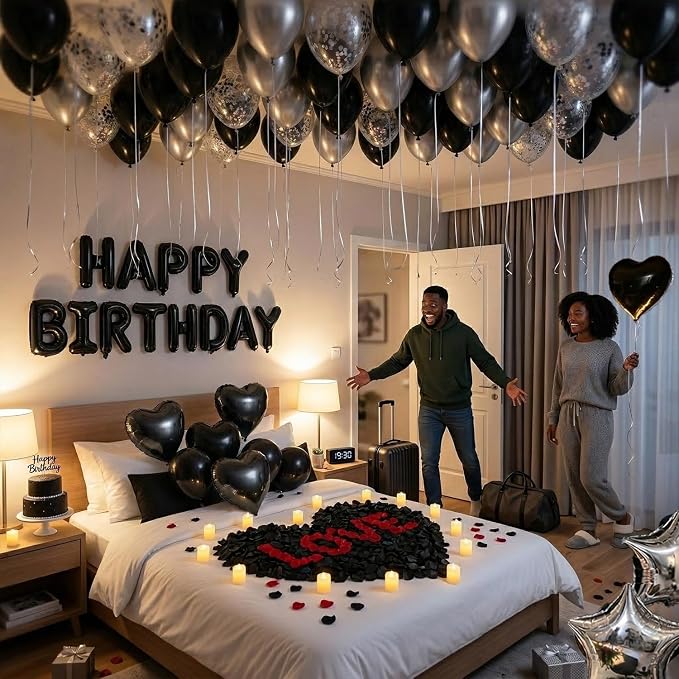 Romantic Birthday Decorations for Men with Black Silver Balloons, Happy Birthday Banner, Tea Lights and Rose Petals, Birthday Decorations for Boyfriend Husband Anniversary Surprise Room Decor (73PCS)