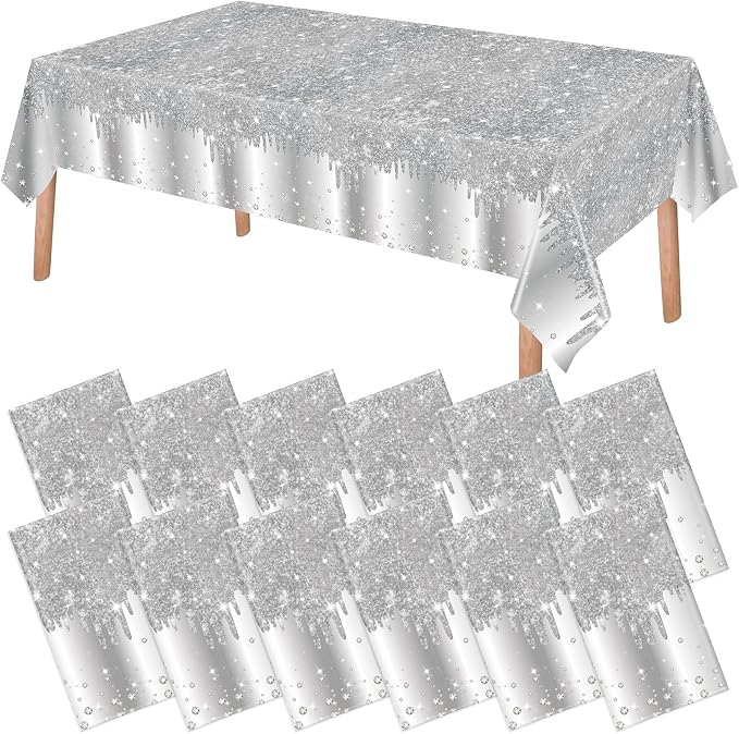 VitalCozy 12 Pack Tablecloth Glitter Diamond Plastic Table Cover Sequin Printed Tablecloth Party Decorations for Halloween Birthday Wedding Anniversary Party Supplies, 54x108 Inch(Silver)