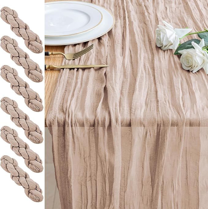 6PCS Table Runner Cheesecloth 10FT Nude Pink Boho Gauze Cheese Cloth Rustic Sheer Table Runners for Wedding Birthday Bridal Baby Shower Party Decoration