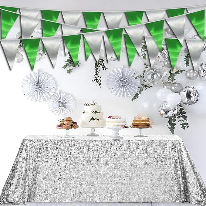 40M/130FT Green Silver Triangle Pennant Banner Flag Metallic Fabric Bunting Garland for Christmas Graduation Wedding Engagement Anniversary Bachelorette Birthday Bridal Shower Hen Party Supplies