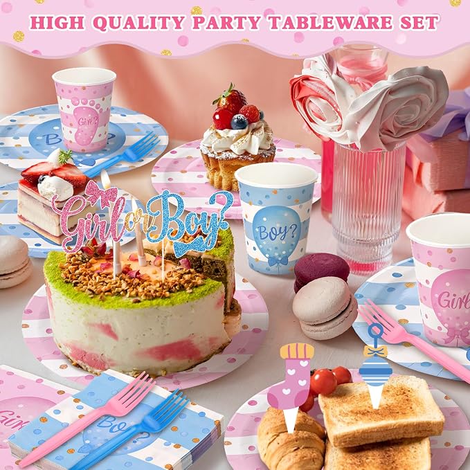 190 Pcs Gender Reveal Party Decorations Kit (Serves 24 Guests), Include Plates and Cups and Napkins Sets with Forks and Banner, Girl or Boy Baby Gender Reveal Party Supplies