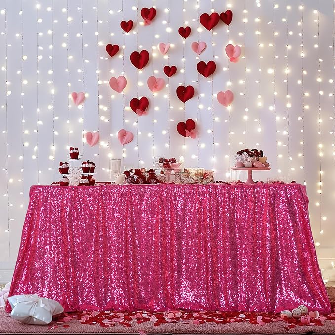 Poise3EHome Hot Pink Sequin Tablecloth 60×102 Inch Rectangle Sparkly Fabric Table Cloth for Baby Shower Birthday Party Wedding Christmas Holiday Decoration