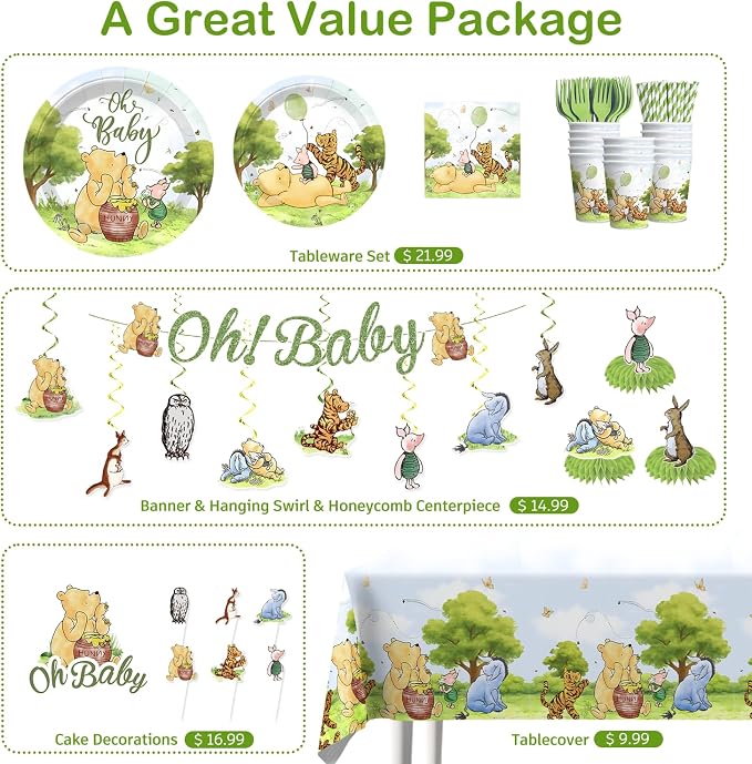 Xynic 343pcs Classic Bear Baby Shower Decorations Complete Party Set for 50 Guests, Classic Pooh Disposable Plates, Banner, Tablecloth, All-in-one Vintage Bear Baby Shower Decorations