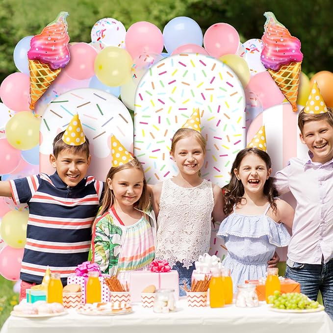 Foilswirl 34 Pcs Sweet One Birthday Decorations Pastel Donut Ice Cream Balloon Arch Backdrop Covers Pastel Spandex Arch Backdrop Cover with Ice Cream Foil Donut Balloons for Sweet Birthday Party