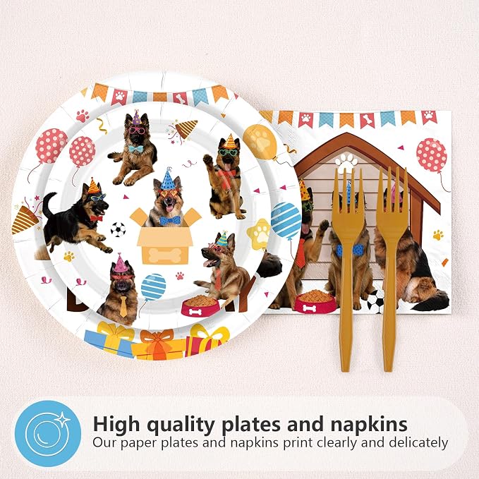 96Pcs German Shepherd Dog Birthday Party Decorations Funny Pet Dog Plates and Napkins Cute Puppy Tableware Set for Boys German Shepherd Theme Birthday Baby Shower Party Supplies Serves 24