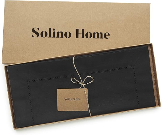 Solino Home Cotton Linen Black Table Runner 120 Inches Long - Hemstitch 14 x 120 Inch Table Runner for Spring, Summer, Mothers Day