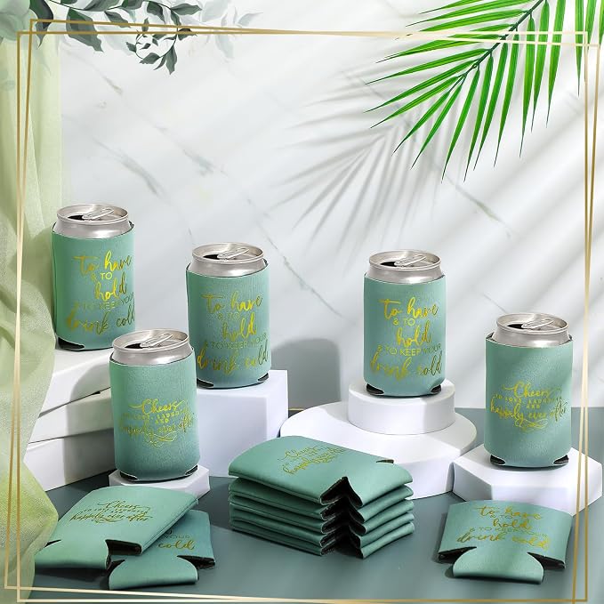 Qinyoung 50 Pieces Green Wedding Can Cooler Bulk Engagement Party Favors for Guests Cheers to Love Laughter and Happily Ever After Rehearsal Dinner Decorations for Wedding Bridal Party