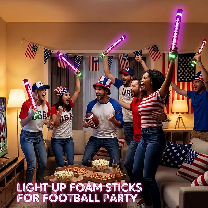 JellyArch 48 Pcs 16'' Football Glow Sticks Bulk LED Foam Football Sticks Glow in The Dark Light up Party Favors Sports Glowsticks Gifts with 3 Mode Flashing for Team Fan Celebration Sporting Event