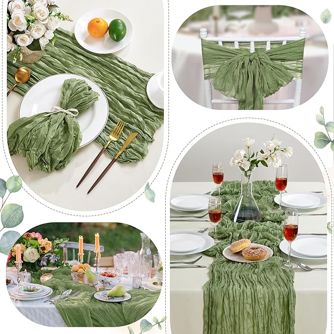 12 Pack Sage Green Cheesecloth Table Runner 10FT Long Easter Spring Boho Gauze Table Runner Rustic Sheer Runner for Wedding Bridal Baby Shower Birthday Party Table Decor Home Easter Thanksgiving Decor