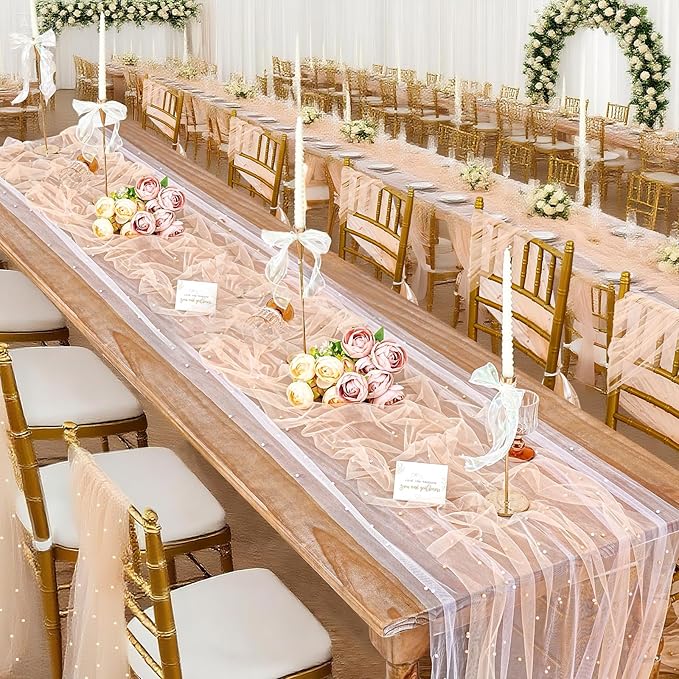 6 Pieces Pearl Tulle Table Runner: 10ft Tulle Table Runners Champagne Fabric for Wedding Chiffon Arch Bridal Veil Baby Shower Sweetheart Table Decor 29x120 Inch