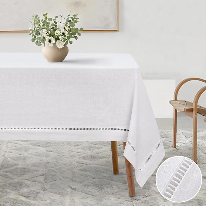 Linen World Hemstitch Linen Tablecloth,French Linen White Tablecloth 90" x 60" Inch,Washable Rectangular Table Cloth for Dining,Outdoor,Weddings and Restaurants,Decorative Thanksgiving Christmas