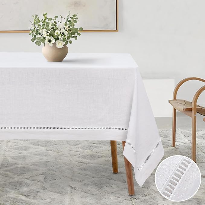 Linen World Hemstitch Linen Tablecloth,French Linen White Tablecloth 108" x 60" Inch,Washable Rectangular Table Cloth for Dining,Outdoor,Weddings and Restaurants,Decorative Thanksgiving Christmas