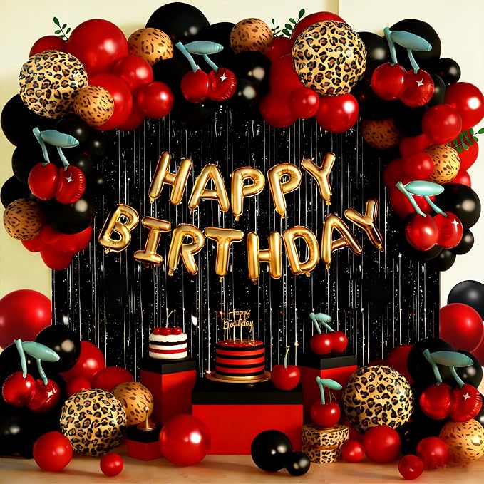 Cheetah Leopard Print Birthday Decorations Kit, Red Black Gold Cheetah and Cherry Balloon Arch Kit with Red Black Ribbon Background Decor for Party Decorations Women Graduation Birthday