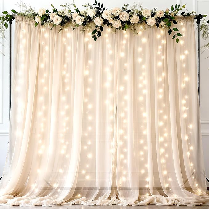 Ledido 4 Pack 10×8ft Beige Tulle Backdrop Curtains with Lights String - 1200LED Fairy Lights Sheer Curtain Backdrop for Wedding Baby Shower Photo Shoot Birthday Party Decoration(8 Panels 5×8ft)，Beige