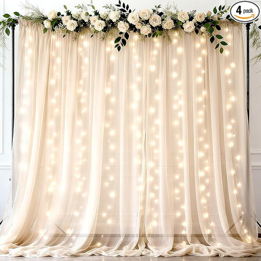Ledido 2 Pack 10×8ft Beige Tulle Backdrop Curtains with Lights String - 600LED Fairy Lights Sheer Curtain Backdrop for Wedding Baby Shower Photo Shoot Birthday Party Decoration(4 Panels 5×8ft)，Beige