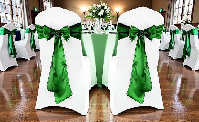 MDS Satin Chair Sashes, 125 Pack, 7”x108” Each, Decorative Chair Bows Ribbon Tie Backs for Wedding Party, Holiday Dinner, Birthday, Reception, Banquet, Hotel & Event Decoration - Green