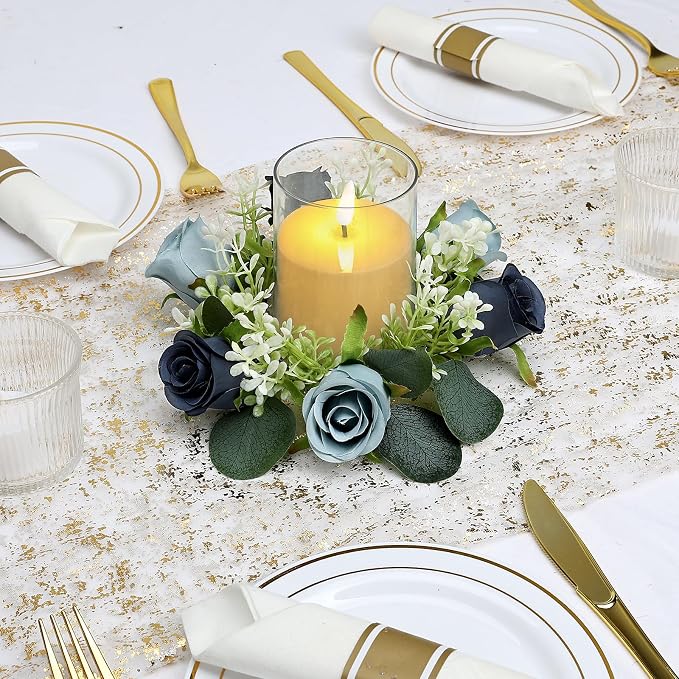 4 PCS Candle Rings Wreaths 3 Inch Center - Artificial Roses Candle Rings with LED Candles for Wedding Centerpiece Table Home Party Decor, Navy Blue, 2 Sets