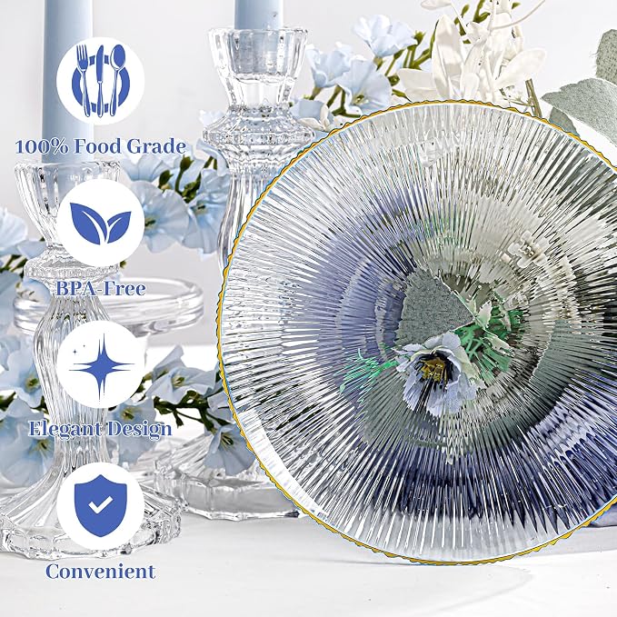 DaYammi 60Pcs Blue Plastic Plates with Gold Rimmed - Disposable Blue Plates Set Includes 30 Dinner Plate & 30 Salad Plates, Radial Texture plates Perfect for Party Wedding Dinner & Catering Events