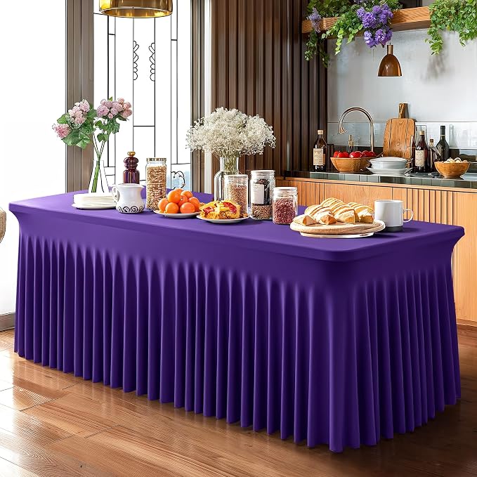 2 Packs Purple Table Clothes for 6 Foot Rectangle Tables, One-Piece Wrinkle Resistant Stretch Spandex Table Covers with Skirt for Event Banquet Wedding Birthday Party