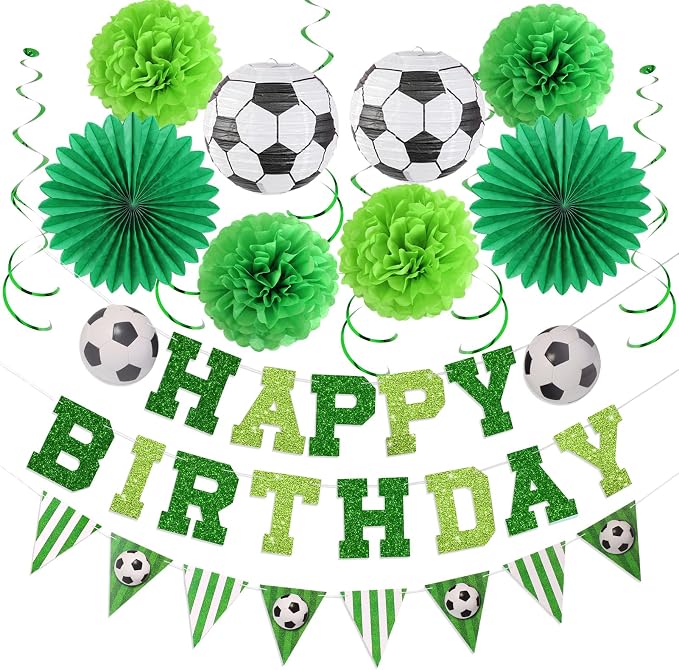 OBBOLO Soccer Birthday Party Decorations, Pre-Strung Soccer Birthday Banners, Including 2 Soccer Ball Paper Lanterns, Green Paper Fans and Pompoms for Boys Birthdays, Sports Party Decorations