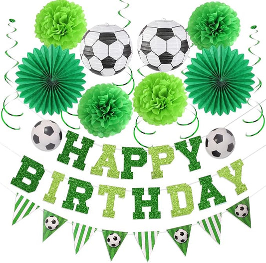 OBBOLO Soccer Birthday Party Decorations, Pre-Strung Soccer Birthday Banners, Including 2 Soccer Ball Paper Lanterns, Green Paper Fans and Pompoms for Boys Birthdays, Sports Party Decorations