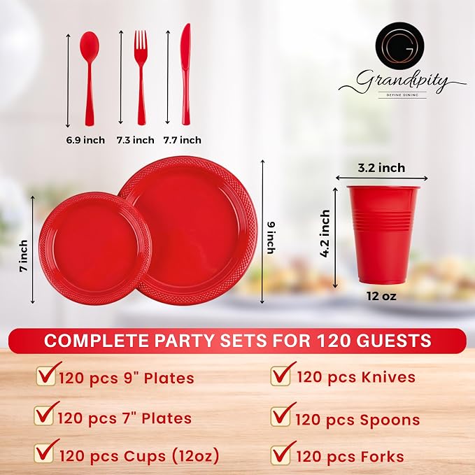 720 Piece Red Disposable Dinnerware Set (120 Guests) Plastic Dinnerware Set Disposable - 120 Count, 9" Dinner Plates, 7" Dessert Plates, 12oz Cups, Forks, Knives & Spoons- Plastic Party Plates Set