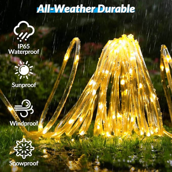 Solar Rope Lights, 2 Pack 33FT 100 LED Solar Fairy Lights with 8 Lighting Modes, IP65 Waterproof Strip Light Outdoor for Garden Yard Patio Deck Fence Tree Party Holiday Decoration, Warm White