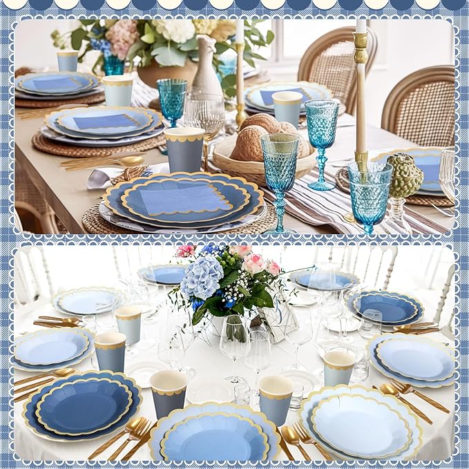 Mimorou 338 Pcs Dusty Blue Plates and Napkins Party Supplies for Guests Blue Tableware Include Scalloped Plates Paper Napkin Cup Spoon Fork Knife for Baby Shower, Wedding, Birthday