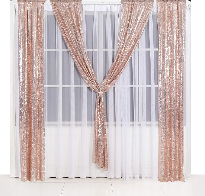 SquarePie 2 PCS 2x8ft Rose Gold Sequin Backdrop Curtains, Satin-Backed Shimmering Photo Booth Background, 2 Panels Narrow Real Sequin Drapes with 4" Rod Pocket for Party, Baby Shower, Doorway Decor