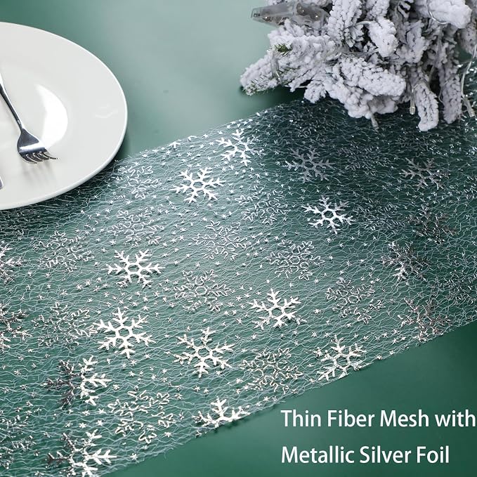 Snowkingdom 2 Pcs Christmas Snowflake Silver Table Runner 108 Inch Sparkly Silver Glitter Metallic Runners Decorations for Seasonal Winter Festival Holiday Home Party