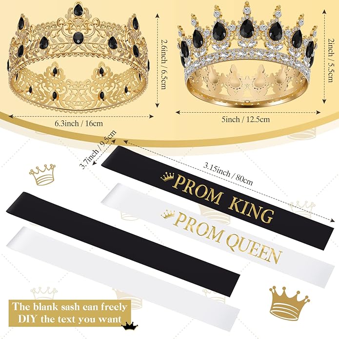 6 Pieces Prom King and Queen Crowns Sashes Set, Crystal Tiara for 2026 Homecoming Graduation Party Birthday Wedding