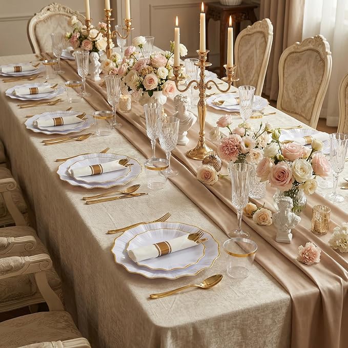 U-QE 175PCS Gold Plastic Plates - Disposable Dinnerware Set for 50 Guests - White and Gold Plates and Napkins Party Supplies include 50 Plates, 25 Per Rolled Napkins with Gold Cutlery, 25 Cups