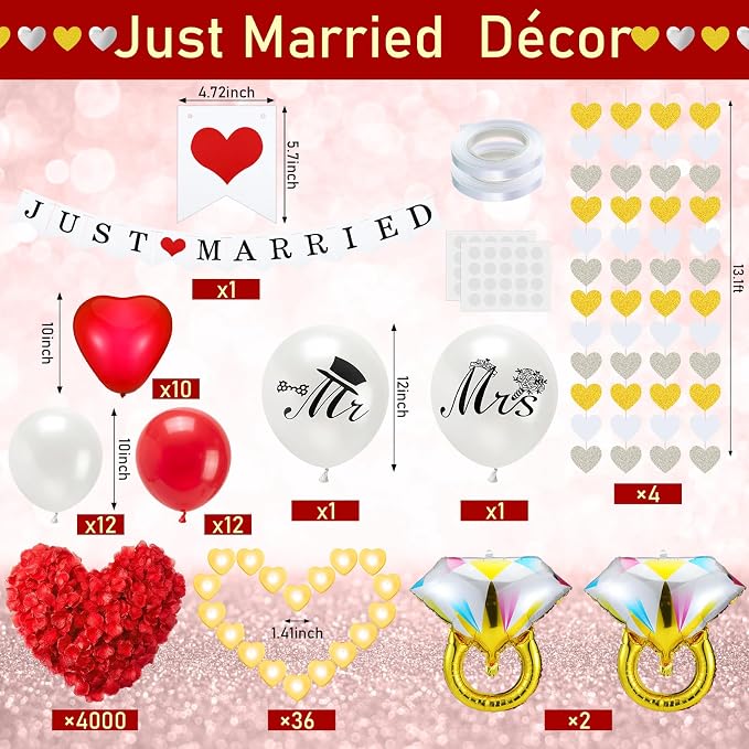 Just Married Party Decorations Heart Garland Just Married Banner Sign Red White Balloon Artificial Rose Petals Heart Tea Light Candles Diamond Ring Aluminum Balloon for Wedding Marriage Party