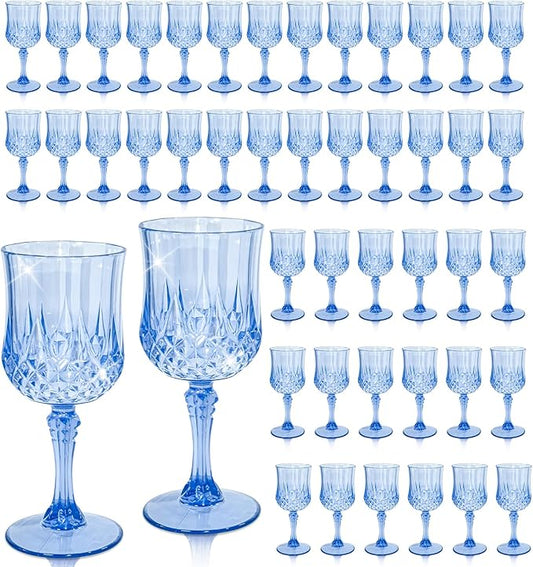 CHLJAR 48 PCS Plastic Blue Wine Glasses Goblets Blue Vintage Wine Glasses, Reusable Drinkware Vintage Champagne, Plastic Goblets for Parties for Wedding Reception Grand Event Party, 7oz
