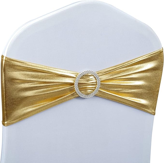 Spandex Chair Sashes - Babenest 50PCS Premium Stretch Cover Band with Buckle Slider Universal Elastic Chair Ties for Wedding Party Ceremony Reception Banquet Decoration (Metallic Gold)