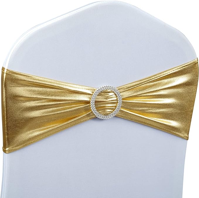 Spandex Chair Sashes Bows - Babenest 30PCS Premium Stretch Chair Cover Band with Buckle Slider Universal Elastic Chair Ties for Wedding Party Ceremony Reception Banquet Decoration (Metallic Gold)