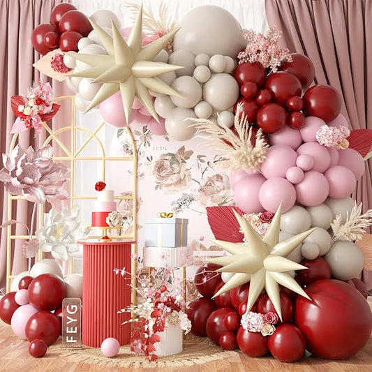Retro Red Dusty Pink Balloon Arch Kit, Red Sand White Mist Pink Balloon Garland Bow Party Set with Cream Star Balloons for Birthday Anniversary Wedding Baby Shower Party Supplies