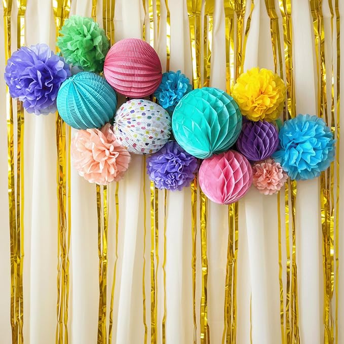 PapaKit Premium Paper Decoration Set - Pom Pom, Honeycomb and Accordion Lantern (Festive Colors) Birthday Party Baby Shower Bride to Be Engagement Wedding Events