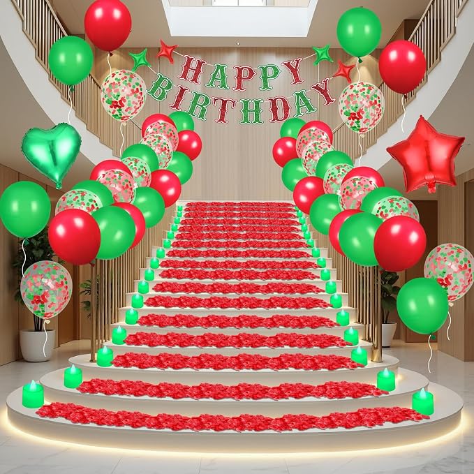 Red Green Happy Birthday Balloons Decorations Christmas Birthday Balloon Letters Banner with 6 Pcs Star Balloons Artificial Rose Petal 24 Flameless LED Candles for Room Hotel Party Supplies
