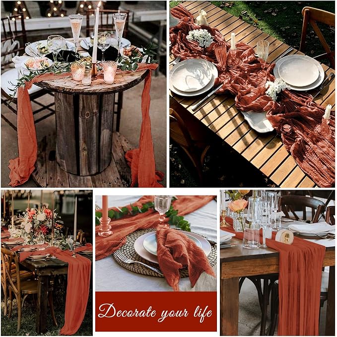 10 Pack Cheesecloth Table Runner 17 x 108 inch Long Boho Gauze Table Runners Semi Sheer Table Runner for Wedding Decor, Baby Shower, Birthday Party, Banquet (Terracotta)