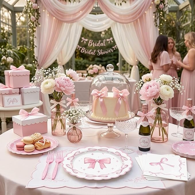 Pink Bow Party Supplies Set for 24 Guests, 96PCS Pink Disposable Tableware Set Includes Plates, Napkins & Forks, Aesthetic Baby Shower Birthday Bridal Shower Girl Party Decorations