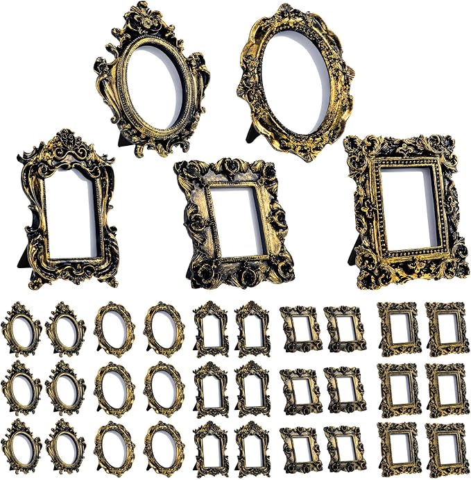 Maitys 30 Pcs Mini Picture Vintage Frames with Stands Tiny Antique Photo Baroque Ornate Resin Oval Frame Table Top Display Home Wedding Decor (Black Gold)