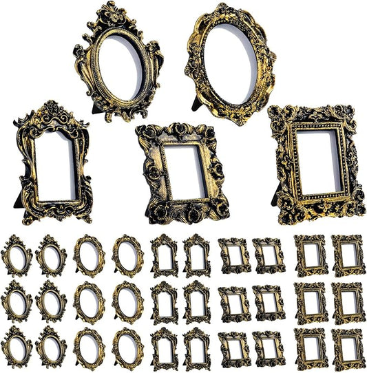 Maitys 30 Pcs Mini Picture Vintage Frames with Stands Tiny Antique Photo Baroque Ornate Resin Oval Frame Table Top Display Home Wedding Decor (Black Gold)