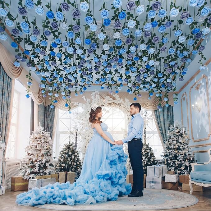 Lyrow 60 Pack Dusty Blue Artificial Flower Hanging Ornaments Floral Floating Garland Decorations Something Blue Wedding Coastal Minimalist Boho Bridal Shower Ceiling Garland Birthday Party Table Decor