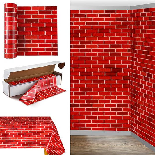Oudain 54 Inch x 100 ft Red Brick Tablecloth Roll Wall Backdrop with Cutter Box Christmas Plastic Red Brick Photography Background Wallpaper Birthday Party Decoration