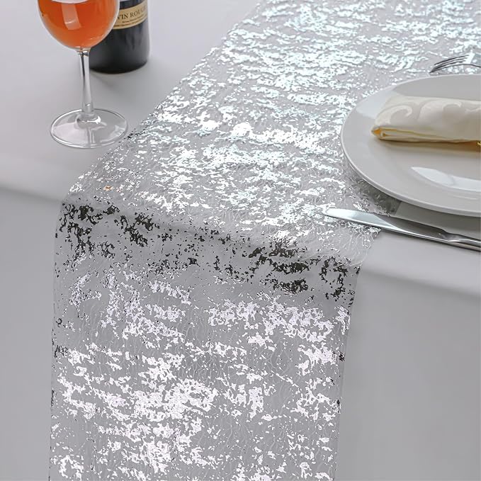 Snowkingdom Silver Table Runner, Sequin Glitter Foil Metallic Mesh Runner Roll 11 Inch x 49 Feet, Silver Table Decorations Centrepiece for Wedding Birthday Party Christmas Baby Shower