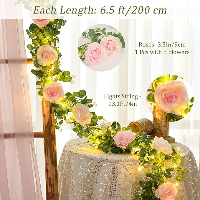 Dolicer 2Pcs Artificial Eucalyptus Garlands with Flowers - 8 Roses, Faux Floral Greenery Garlands Fake Flower Vines for Wedding Table Centerpieces Arch Party Decor (Pink)