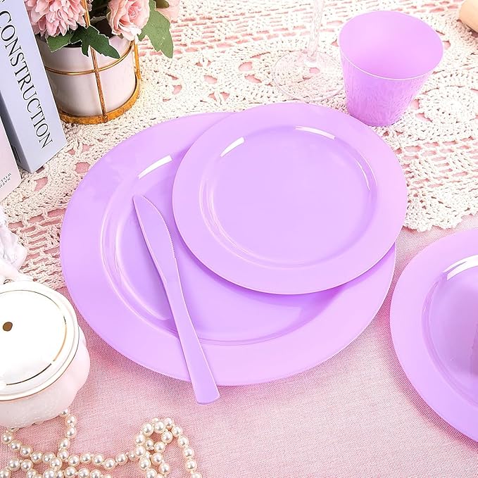 KIRE 150 PCS Purple Plastic Plates - Purple Dinnerware Set Disposable 25 Dinner & 25 Salad Plates 25Forks 25Knives 25Spoons 25Clear Cups for Birthday/Baby Shower/Easter/Spring